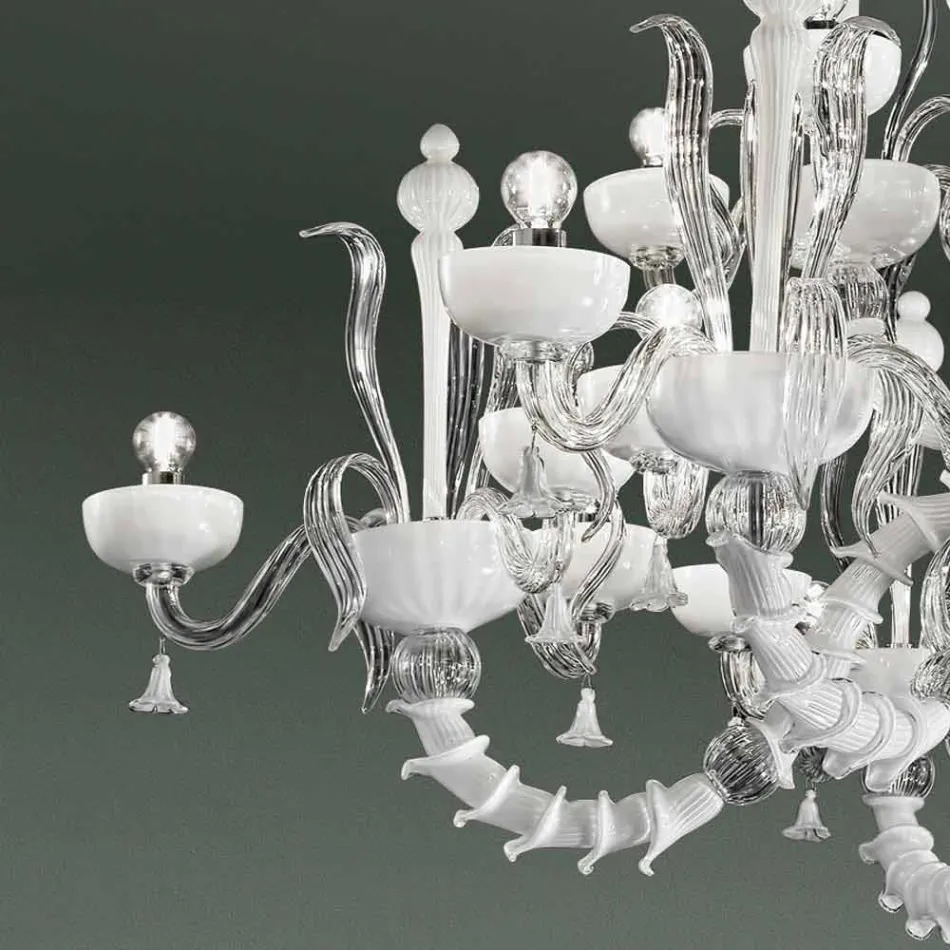 Chandelier with 27 Lights in White Venice Glass, Handmade in Italy - Regina Viadurini