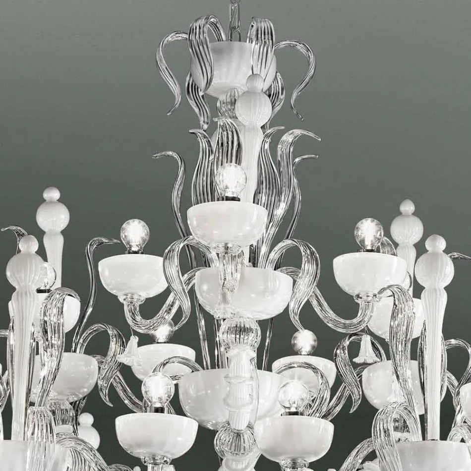 Chandelier with 27 Lights in White Venice Glass, Handmade in Italy - Regina Viadurini