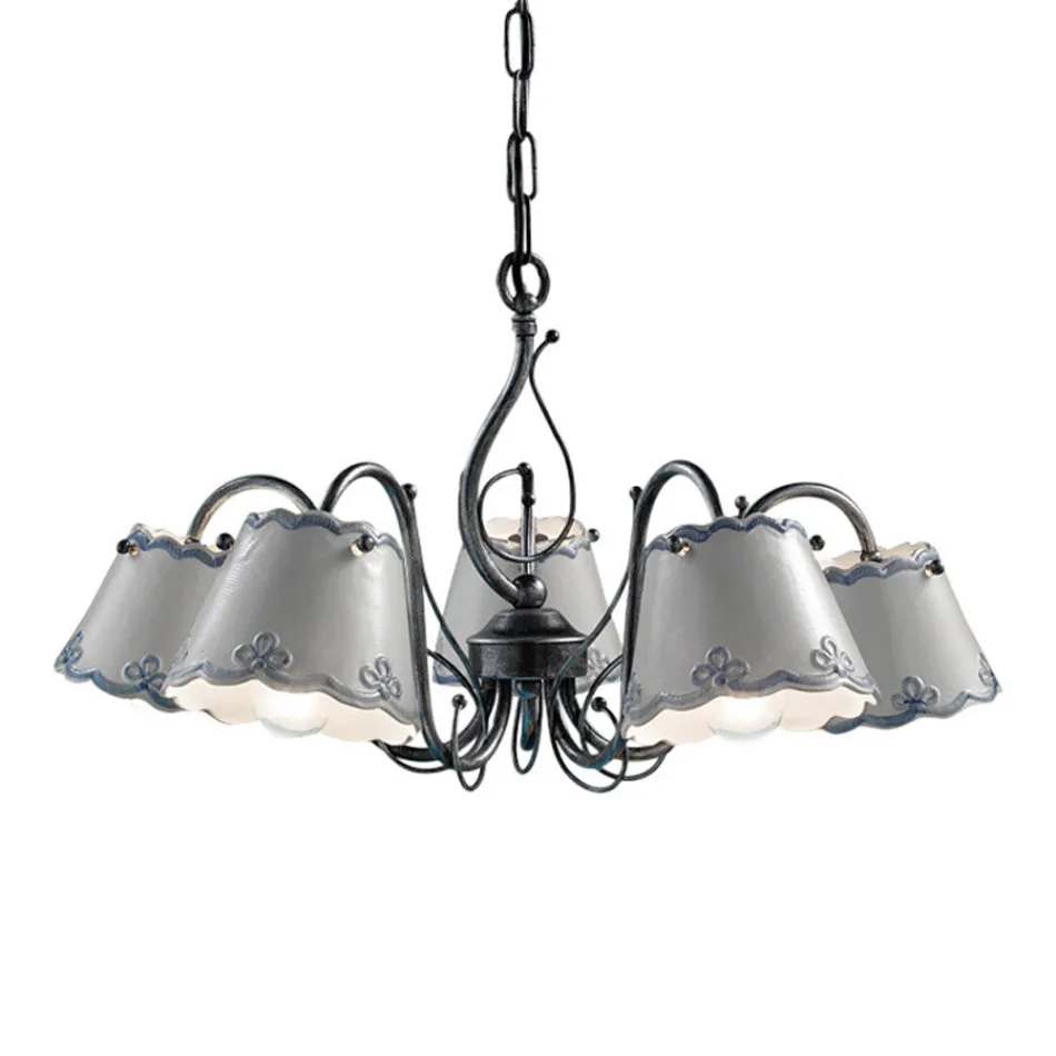 3 or 5 Light Ceramic Chandelier with Hand Painted Embroidery Effect - Ravenna Viadurini