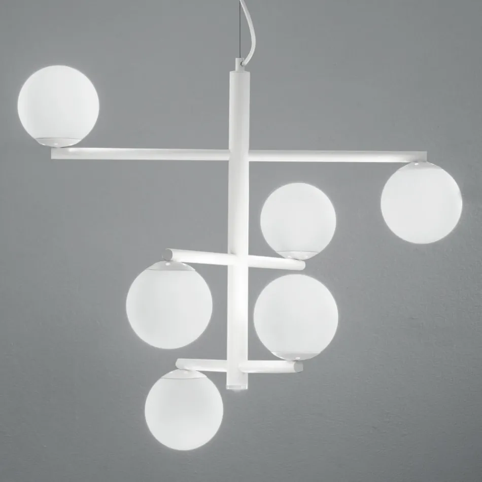 6 Lights Chandelier in Painted Metal with Glass Diffusers - Lido Viadurini