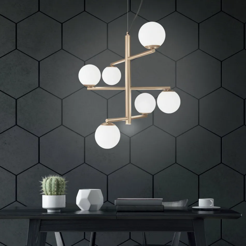 6 Lights Chandelier in Painted Metal with Glass Diffusers - Lido Viadurini