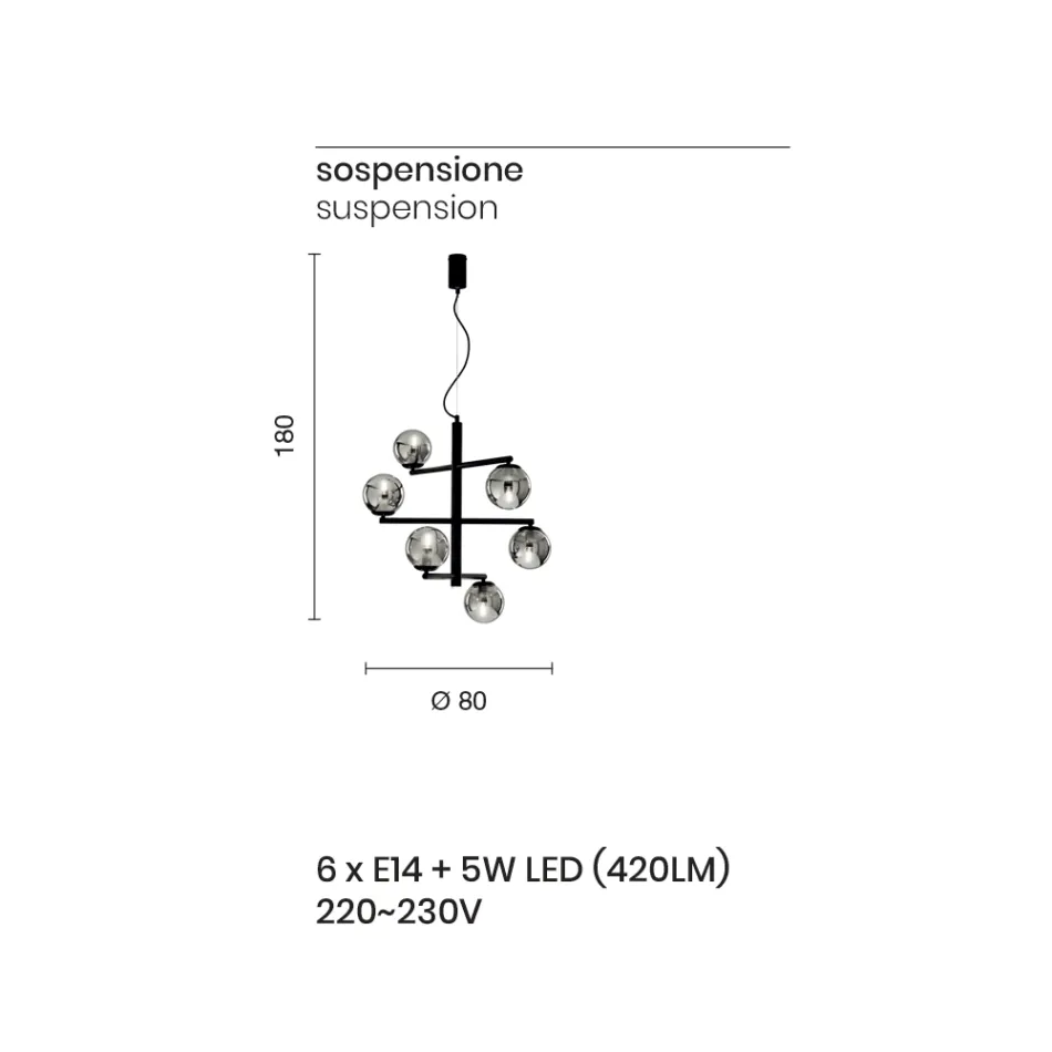 6 Lights Chandelier in Painted Metal with Glass Diffusers - Lido Viadurini