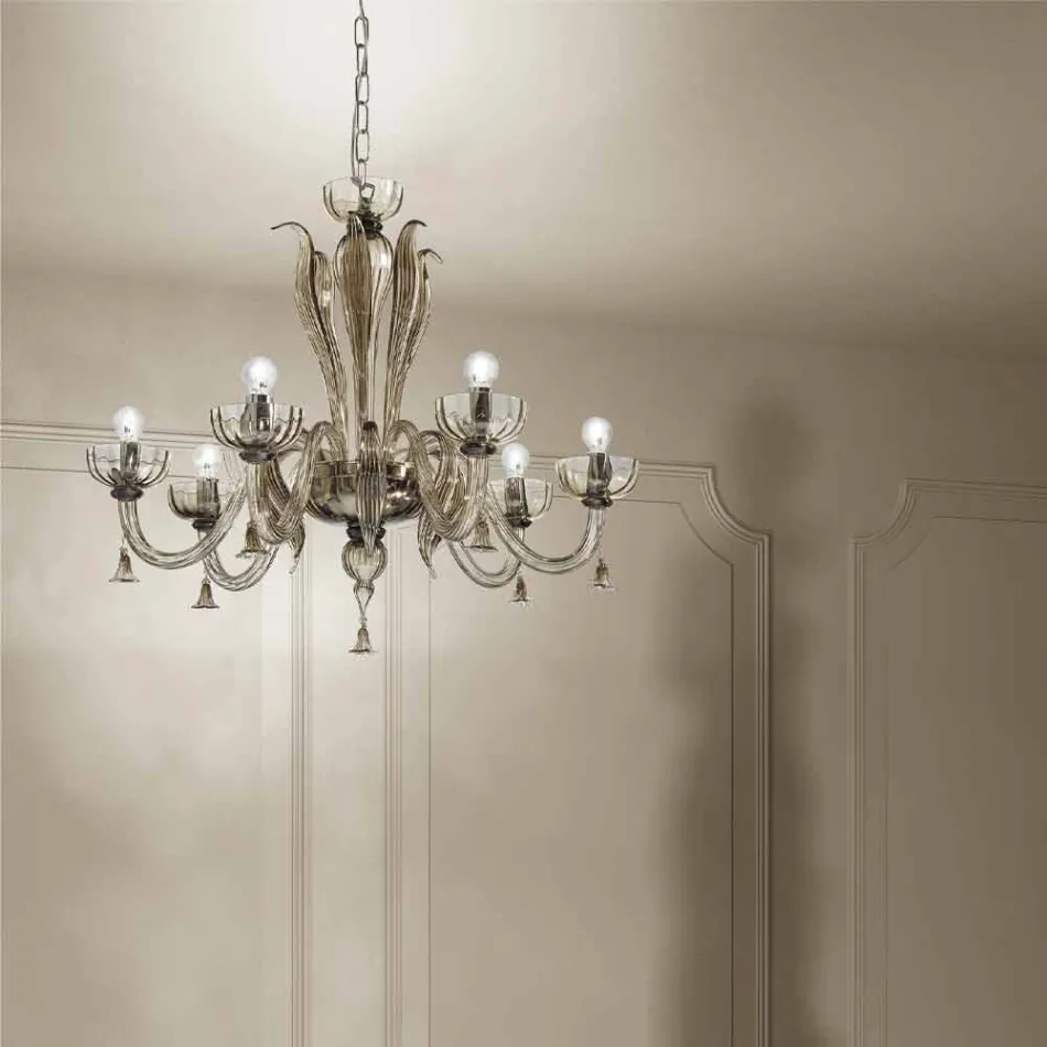 6 Light Venetian Glass Chandelier, Handmade in Italy - Regina Viadurini