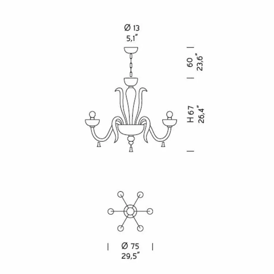 6 Light Venetian Glass Chandelier, Handmade in Italy - Regina Viadurini