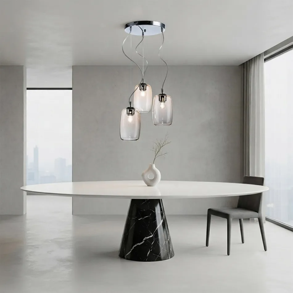 Three-Light Chandelier with Circular Bar in Blown Glass Made in Italy - Soffio Viadurini