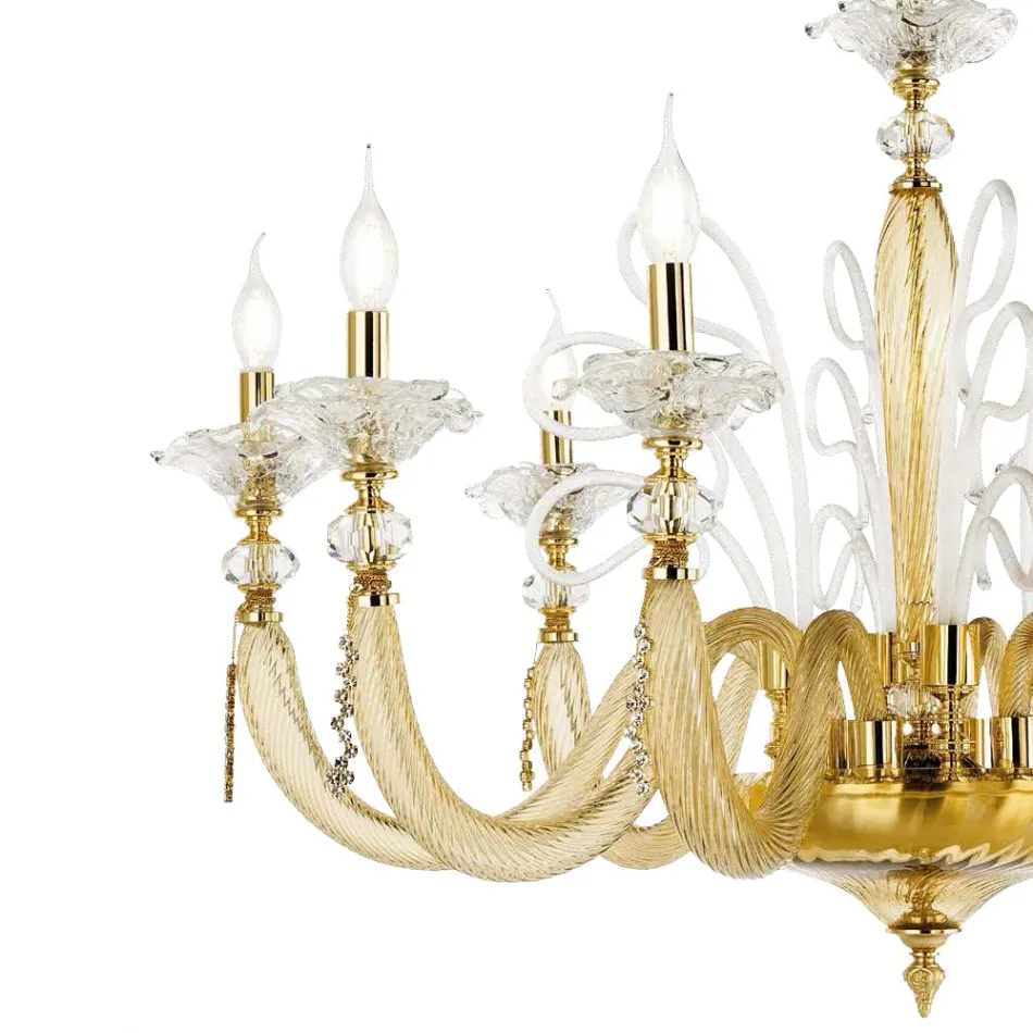 Classic Chandelier 12 Lights Blown Glass Floral Details - Bluminda Viadurini