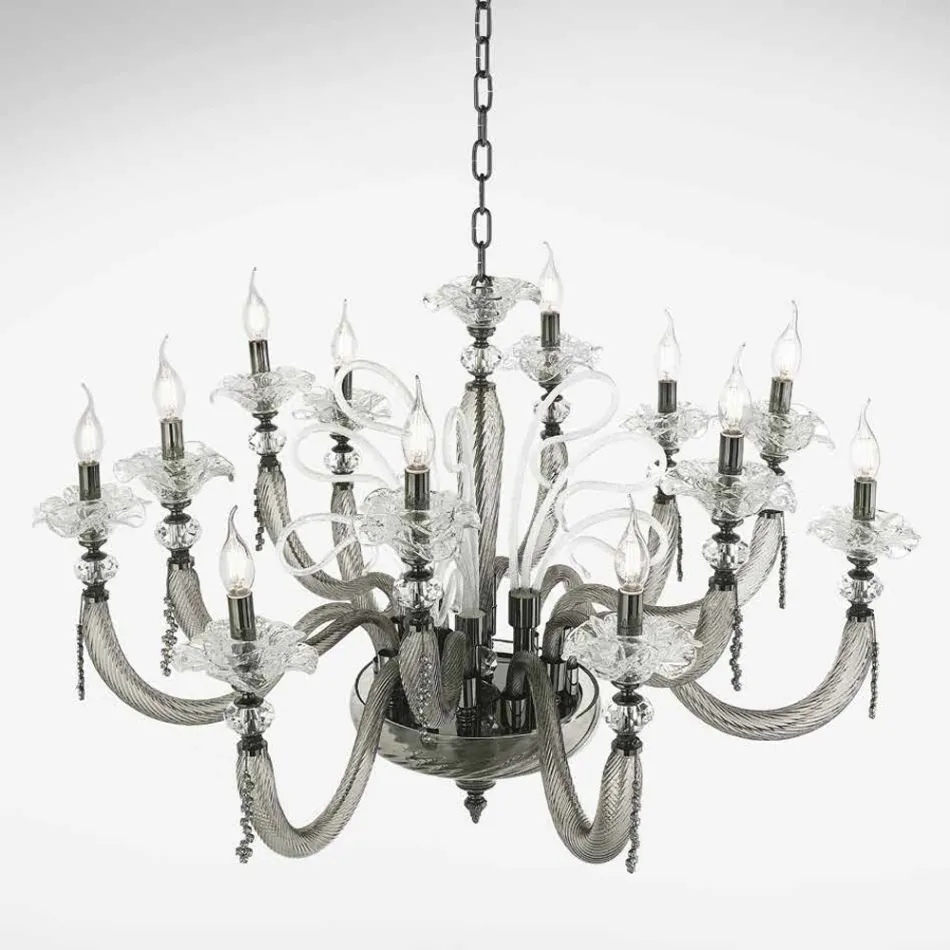 Classic Chandelier 12 Lights Blown Glass Floral Details - Bluminda Viadurini