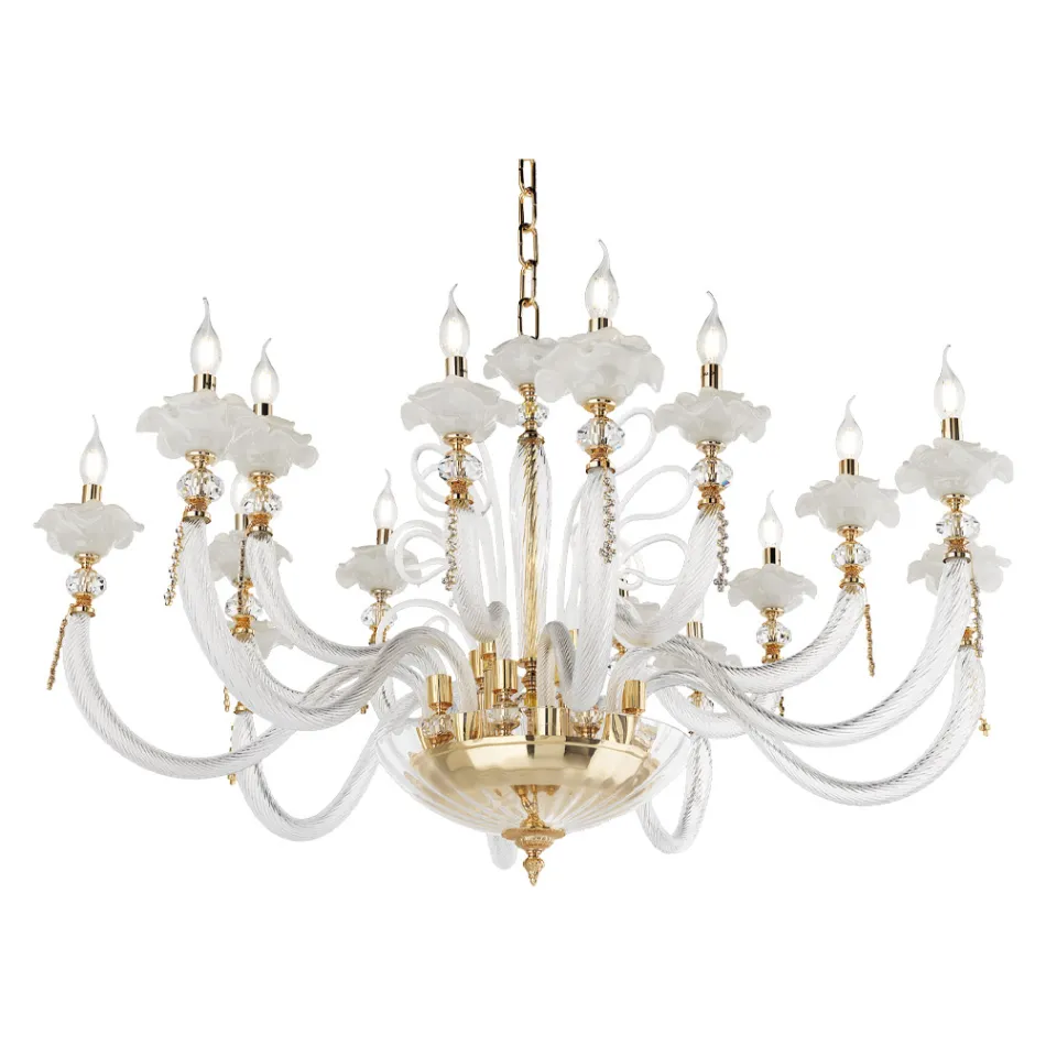 Classic Chandelier 16 Lights Blown Glass Floral Details - Bluminda Viadurini