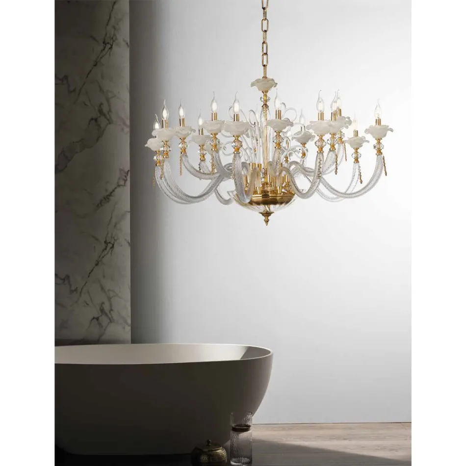 Classic Chandelier 16 Lights Blown Glass Floral Details - Bluminda Viadurini