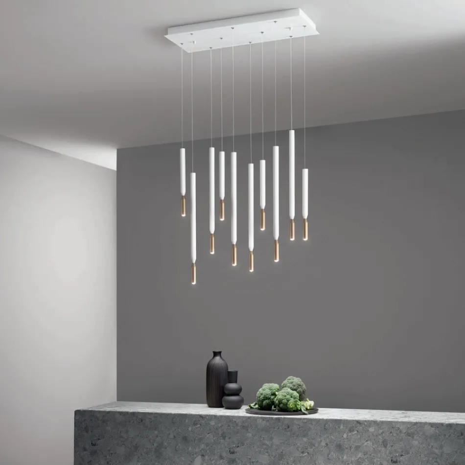 Chandelier with 10 LED Lights in Painted Metal and Adjustable Cables - Larch Viadurini