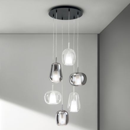 Chandelier with 6 Smoked and Transparent Glass Diffusers Made in Italy - Trilly Viadurini