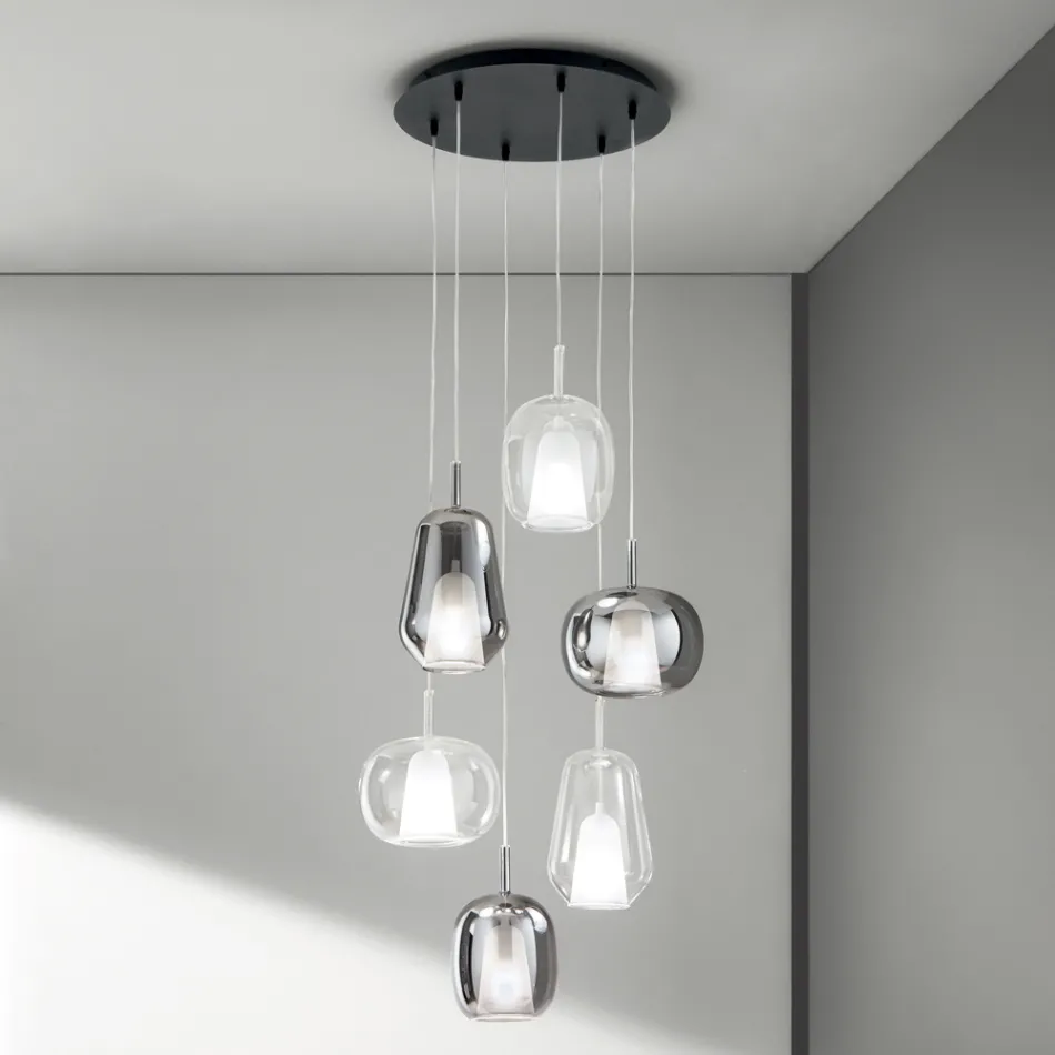 Chandelier with 6 Smoked and Transparent Glass Diffusers Made in Italy - Trilly Viadurini