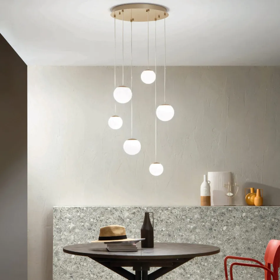 Chandelier with 6 LEDs Covered by Optional Glass and Base in Metal - Beech Viadurini
