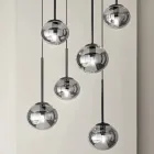 Chandelier with 6 LEDs in Black Painted Metal and Blown Glass - Ailanto Viadurini