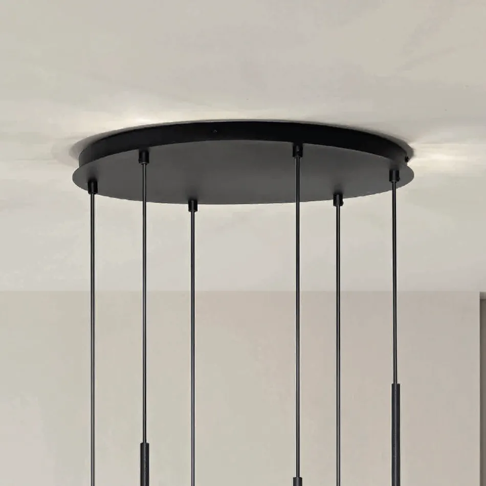Chandelier with 6 LEDs in Black Painted Metal and Blown Glass - Ailanto Viadurini