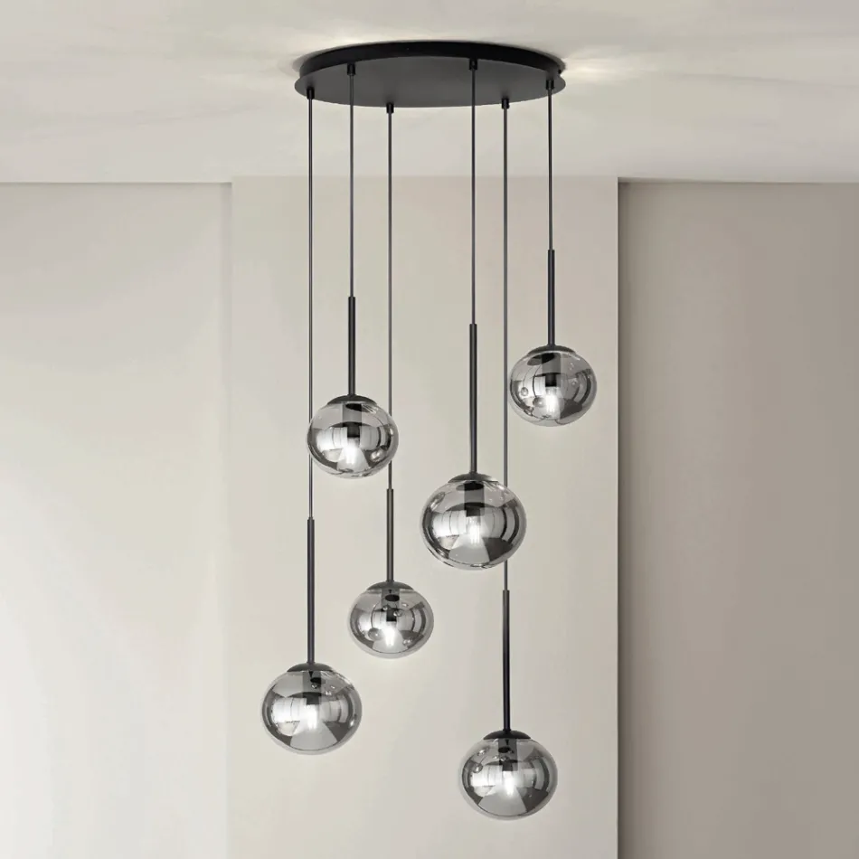 Chandelier with 6 LEDs in Black Painted Metal and Blown Glass - Ailanto Viadurini