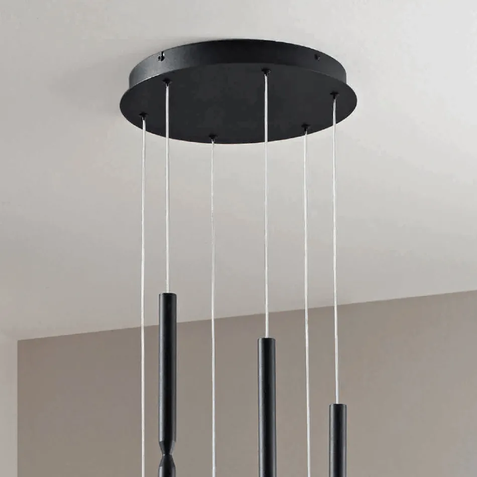 Chandelier with 6 LED Lights in Painted Metal and Adjustable Cables - Larch Viadurini