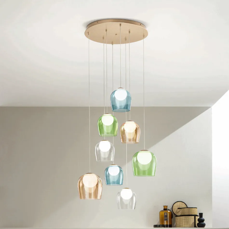 Chandelier with 8 LEDs Covered by Optional Colored Glass and Base in Metal - Beech Viadurini
