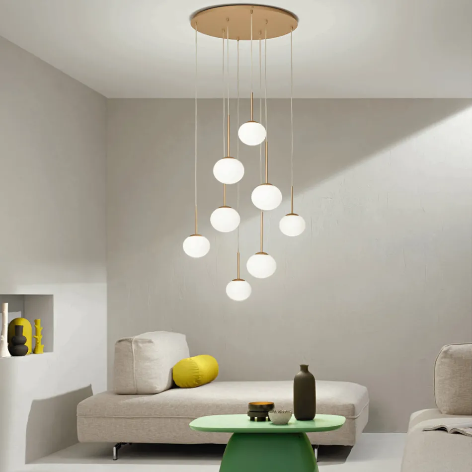 Chandelier with 8 LEDs in Gold Painted Metal and Blown Glass - Ailanto Viadurini