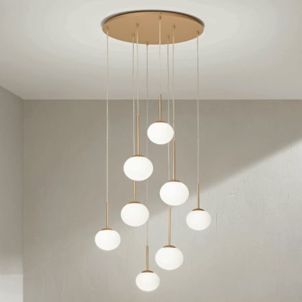 Chandelier with 8 LEDs in Gold Painted Metal and Blown Glass - Ailanto Viadurini