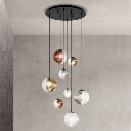 Chandelier with 8 Lights in Blown Glass in the Shape of a Sphere Made in Italy - Prilla Viadurini