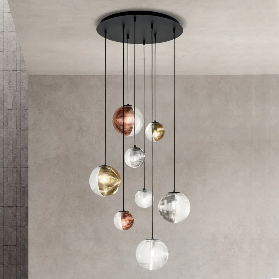 Chandelier with 8 Lights in Blown Glass in the Shape of a Sphere Made in Italy - Prilla Viadurini