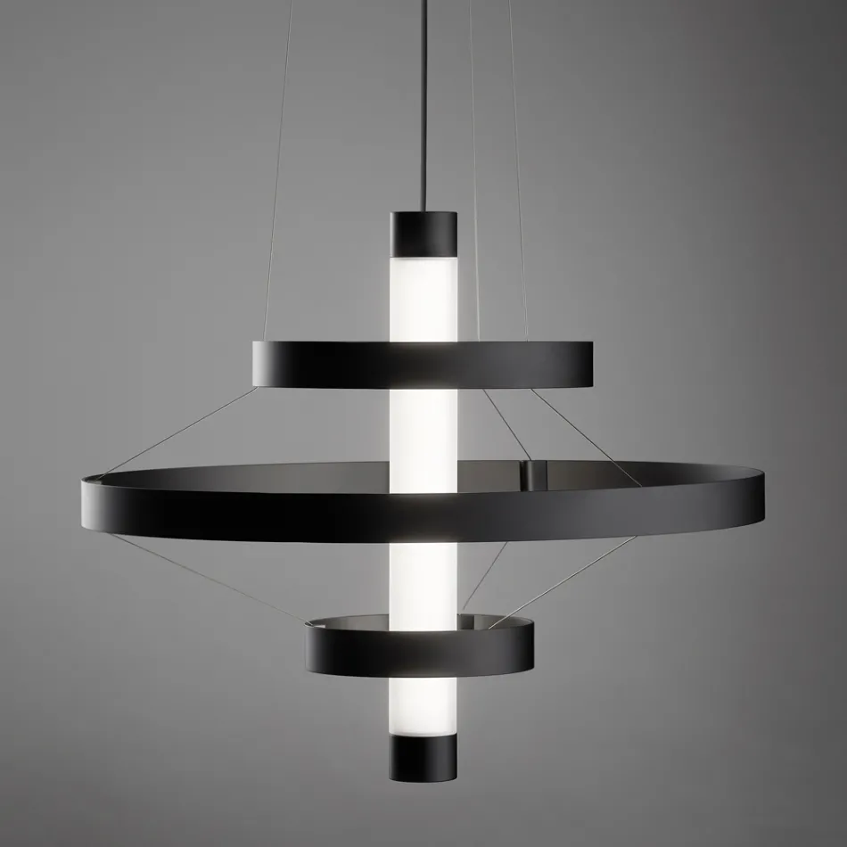 Chandelier with Glass Body and 3 Aluminum Circles - Clara Viadurini