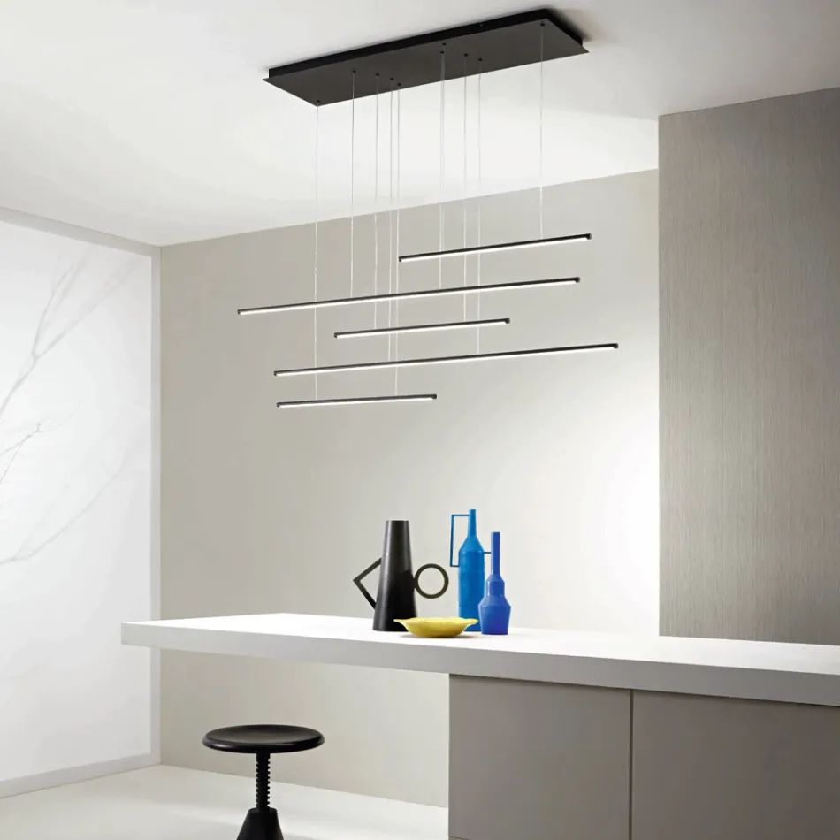 Chandelier with Horizontal LED Lights in Metal and Adjustable Cables - Orange Viadurini