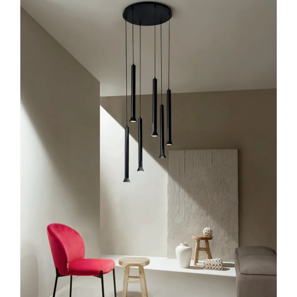 Chandelier with Black Painted Metal Frame and Adjustable Cables - Birch Viadurini