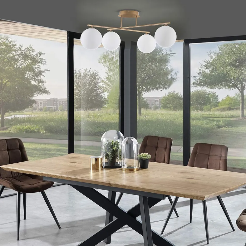 Chandelier in Metallic Gold Metal and 4 White Glass Spheres - Venice Viadurini