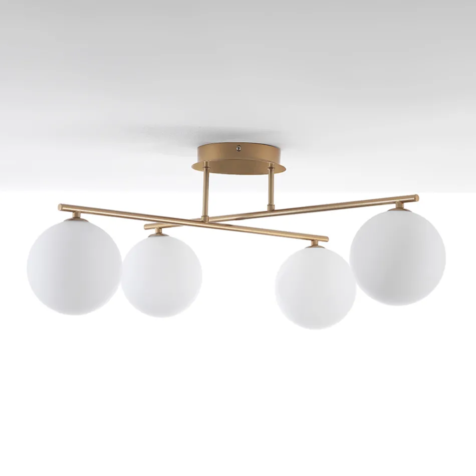 Chandelier in Metallic Gold Metal and 4 White Glass Spheres - Venice Viadurini