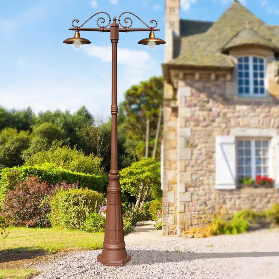 Lamp Post 2 Lights Vintage Style in Aluminum and Brass Made in Italy - Adela Viadurini