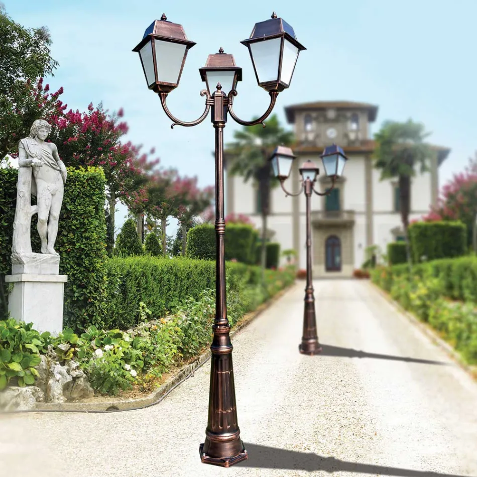 Lamppost 3 Lights Vintage Style in Aluminum and Glass Made in Italy - Doroty Viadurini