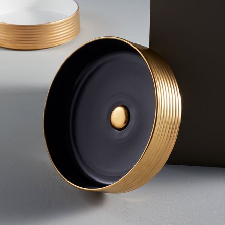 Bathroom sink in hand-turned porcelain stoneware Made in Italy - Darts Viadurini