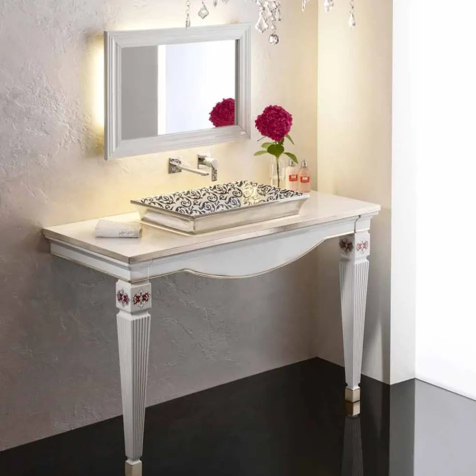 Semi-recessed bathroom sink decorated by hand in fire clay made Italy, Guido Viadurini