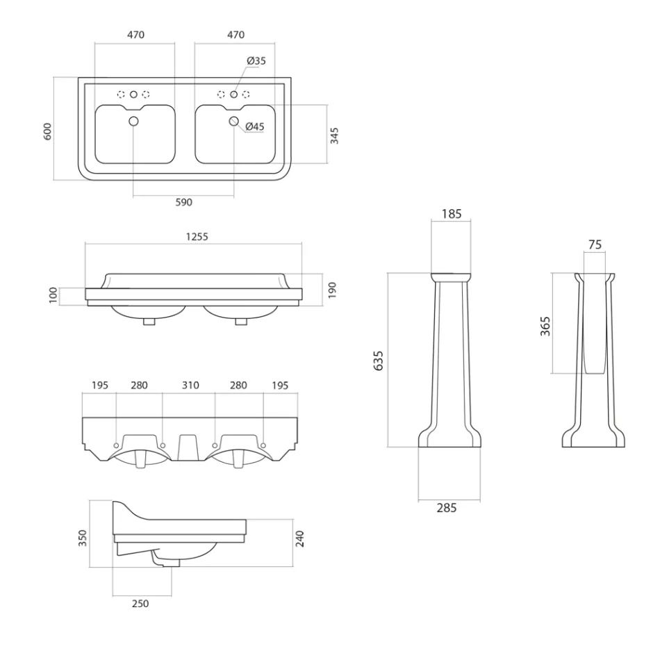 Column Console Washbasin in Ceramic Double Basin Made in Italy - Wollie Viadurini