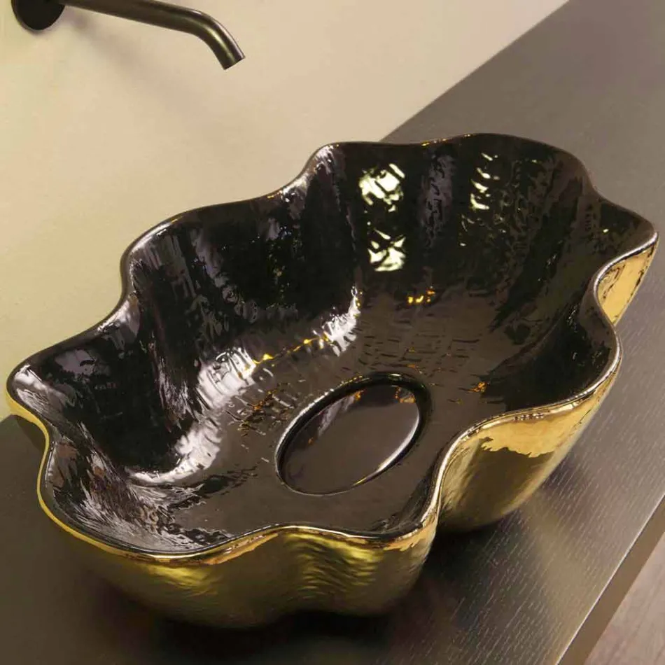Countertop washbasin in black and gold ceramic design made in Italy Cubo Viadurini