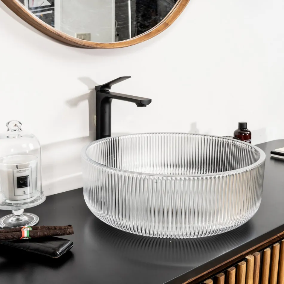 Round Countertop Washbasin in Plissè Venetian Glass Made in Italy - Zircon Viadurini