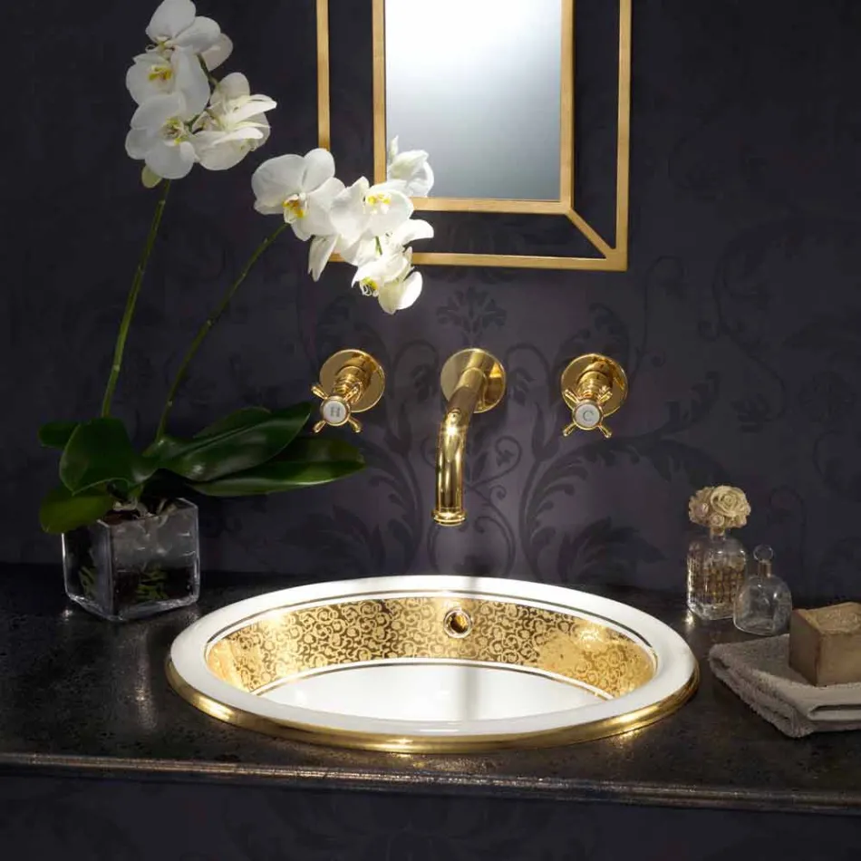 Round built-in sink in fire clay and gold made in Italy, Otis Viadurini