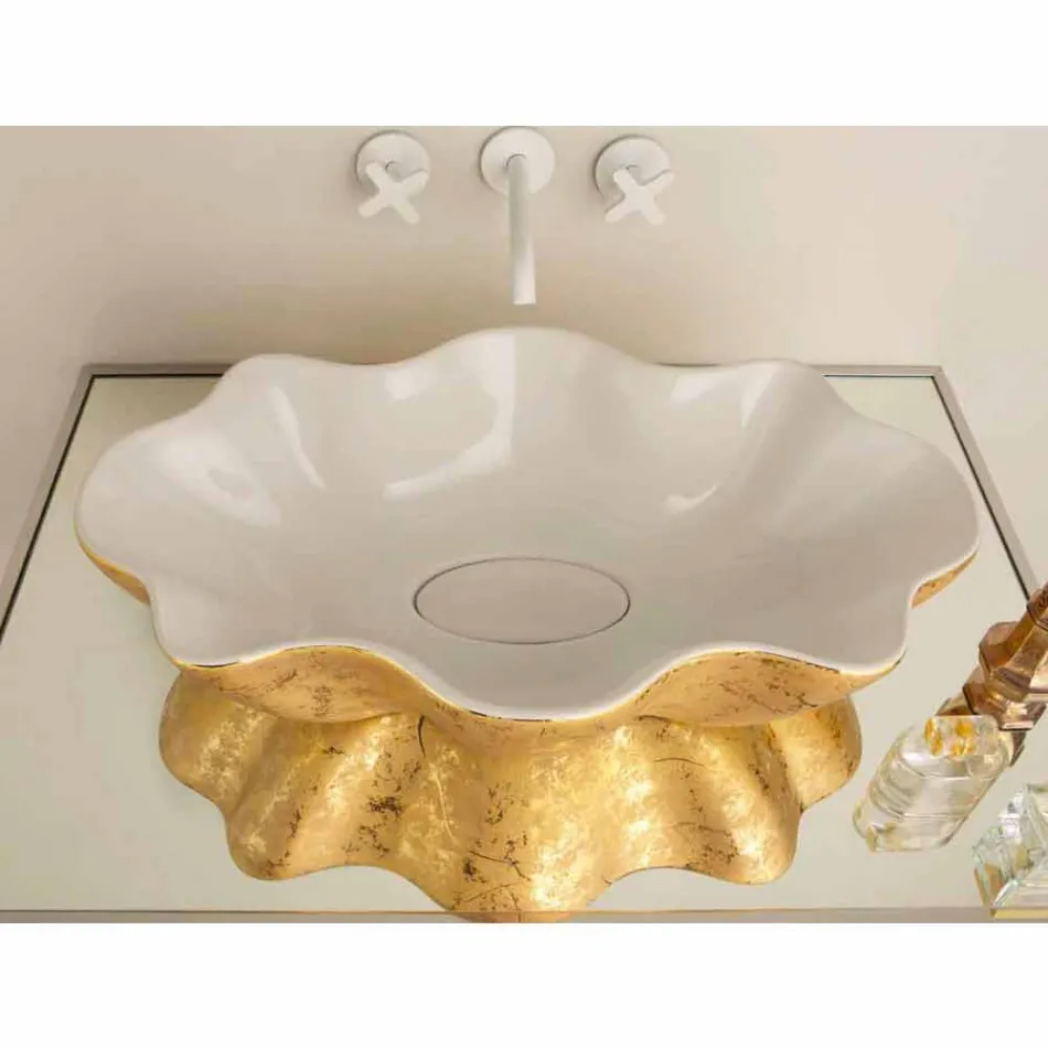 Countertop design washbasin in white and gold ceramic made in Italy Cubo Viadurini