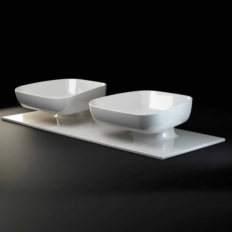 Double wall-mounted modern ceramic washbasin made in Italy, Reale Viadurini