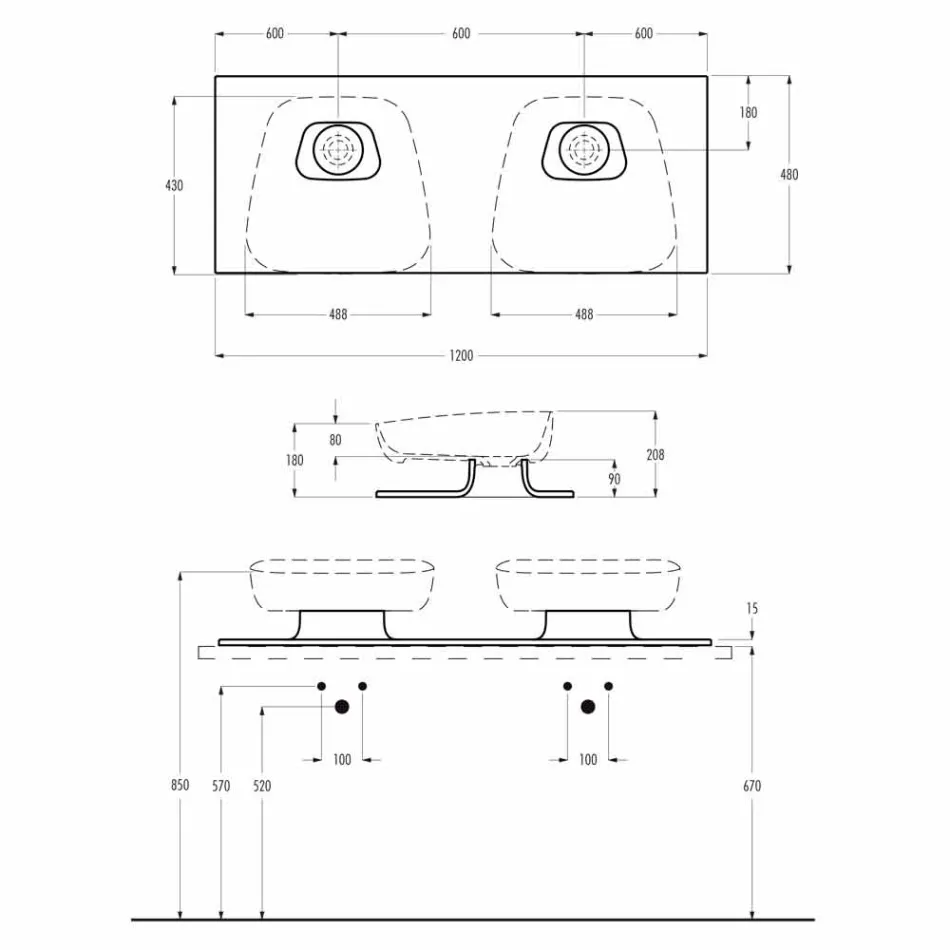 Double wall-mounted modern ceramic washbasin made in Italy, Reale Viadurini