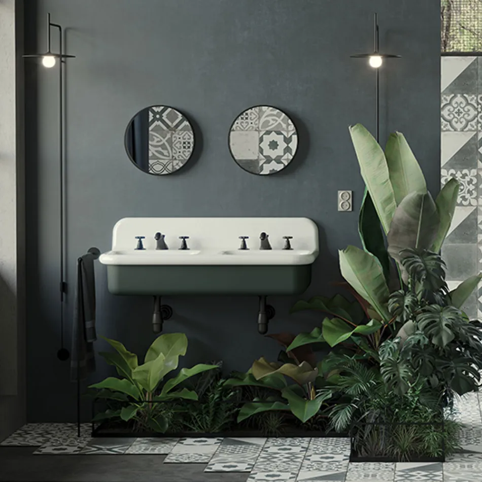Double Bathroom Sink with Rectangular and Ceramic Structure - Kevin Viadurini