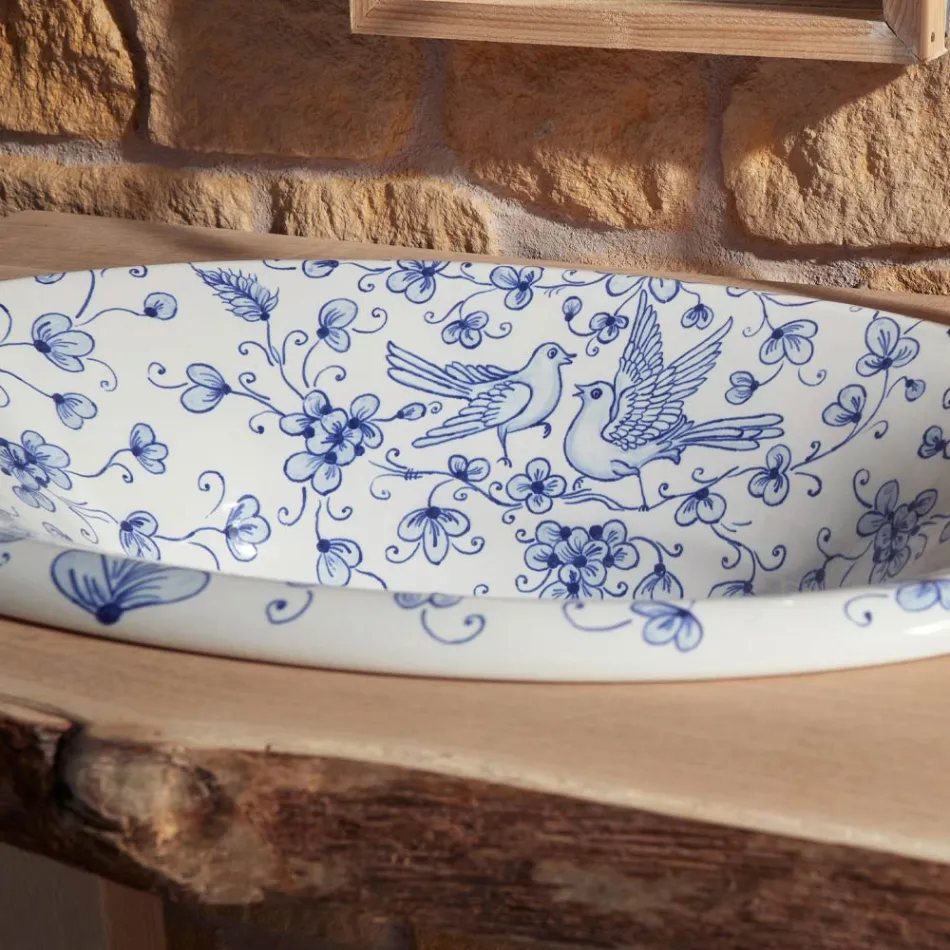 Semi-recessed washbasin in hand-painted fire clay Made in Italy - Principe Viadurini