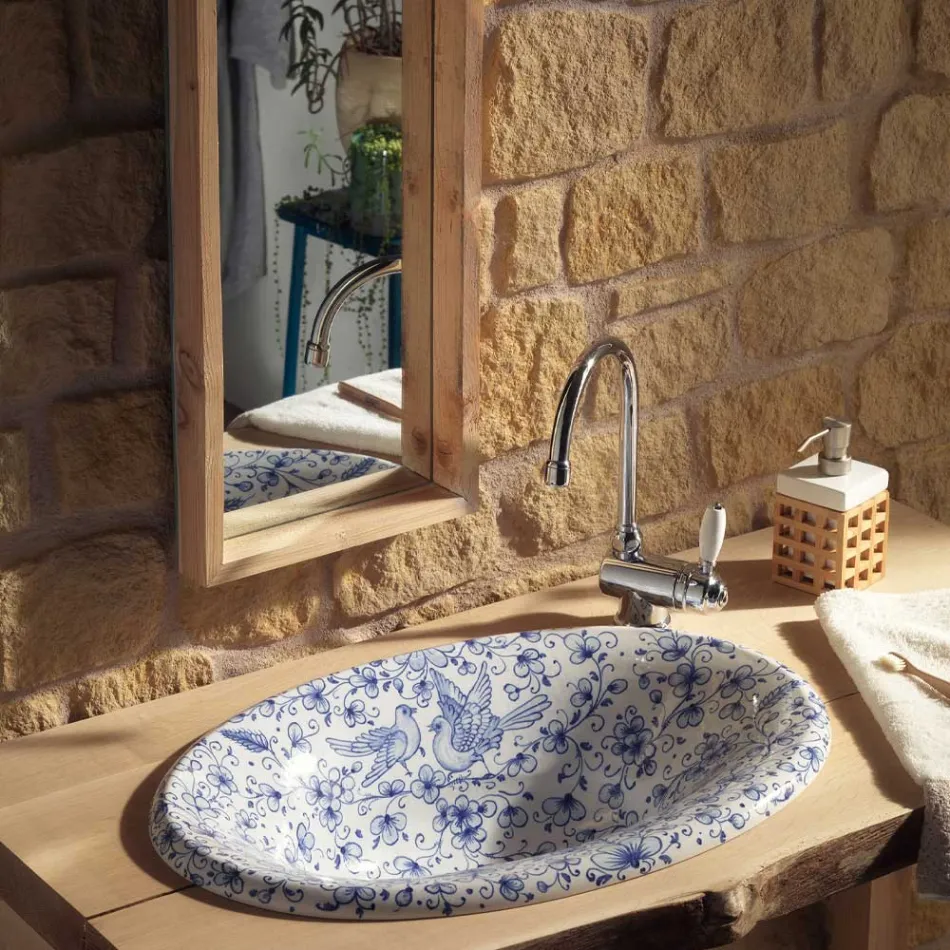 Semi-recessed washbasin in hand-painted fire clay Made in Italy - Principe Viadurini