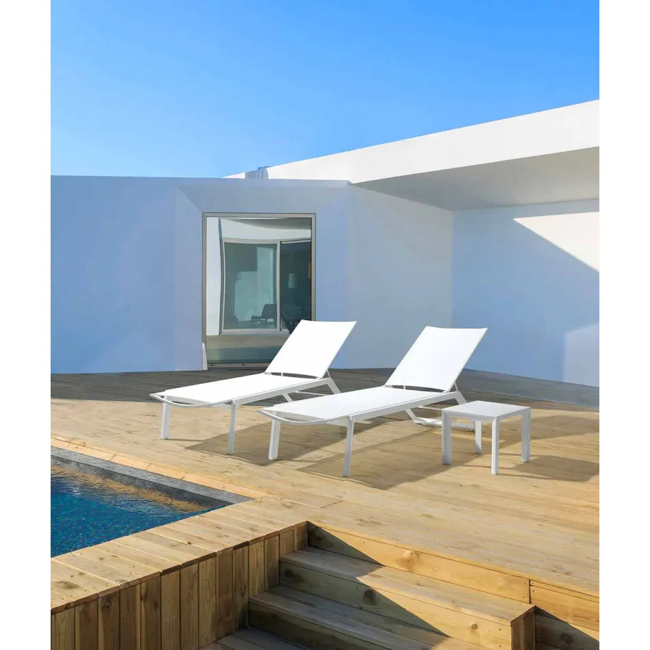 Reclining Outdoor Lounger with Aluminum and Textilene Wheels - Jewel Viadurini