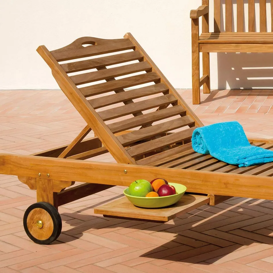 Teak Garden Lounger with Removable Table and Wheels - Oasi Viadurini
