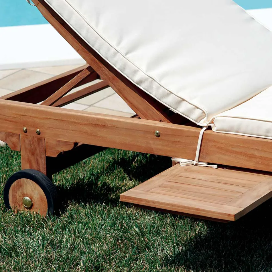 Teak Garden Lounger with Removable Table and Wheels - Oasi Viadurini