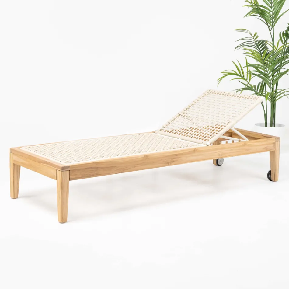 Teak and Rope Weave Garden Lounger - Jhon Viadurini