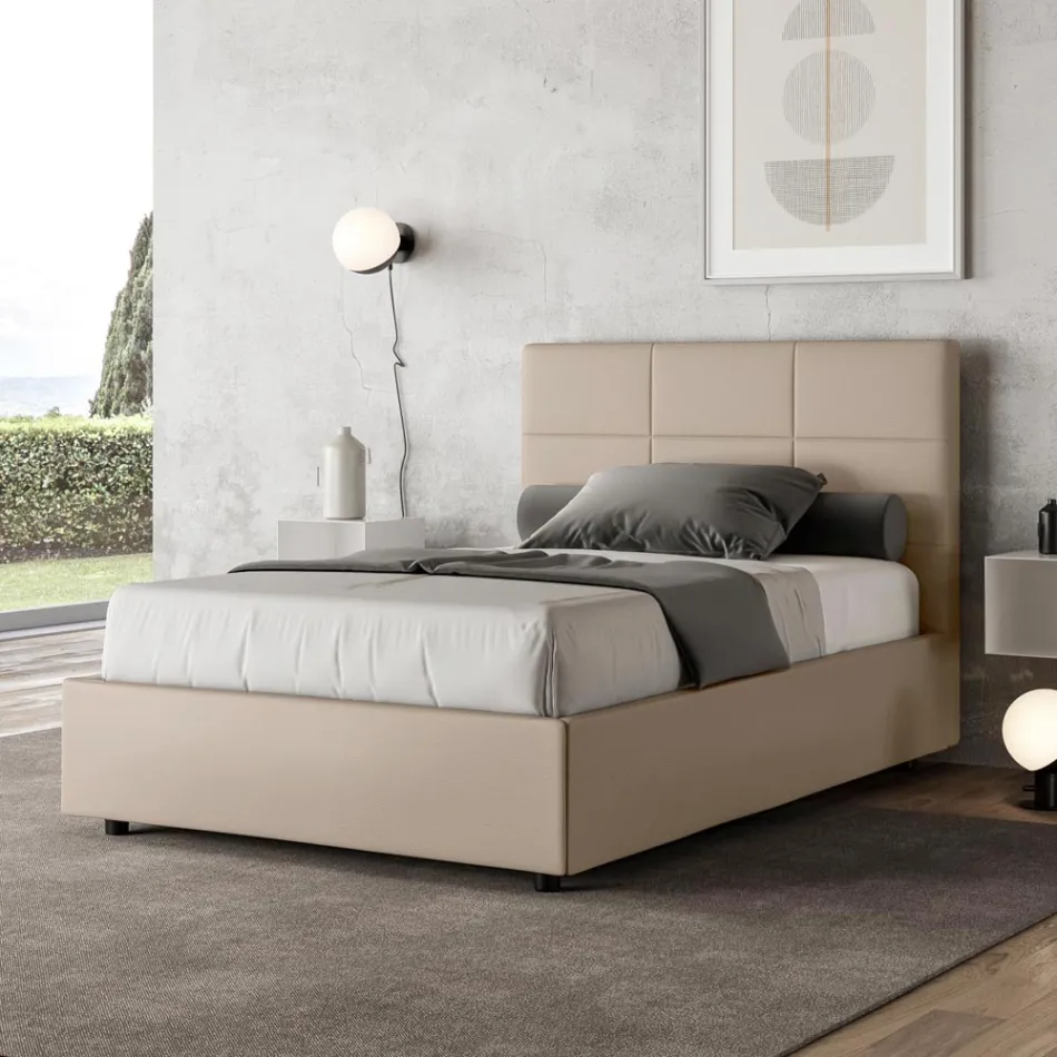 140x200 cm Bed with Rectangle Headboard in Faux Leather Made in Italy - Brina Viadurini